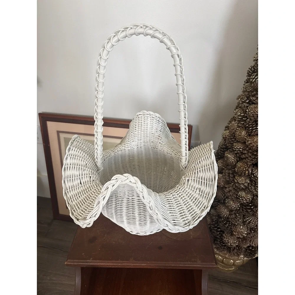 Vintage White Wicker Ruffled Scalloped Basket Tall Braided Handle Cottagecore